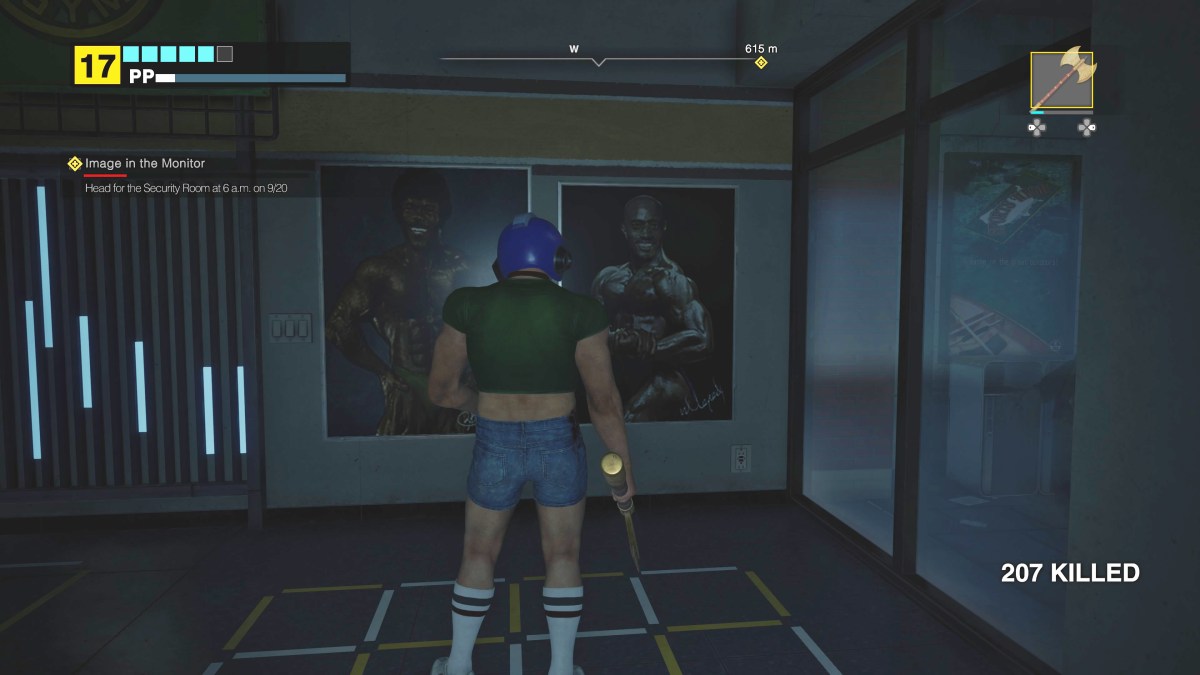 Dead Rising Deluxe Remaster, Frank standing in front of two muscle-posing posters. 