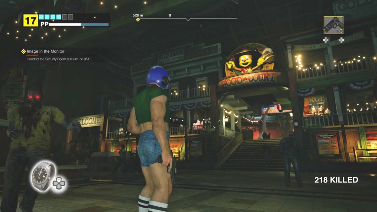 Dead Rising Deluxe Remaster, Frank West standing in front of a Food Court sign, with a glowing-eyed zombie creeping up on him. 