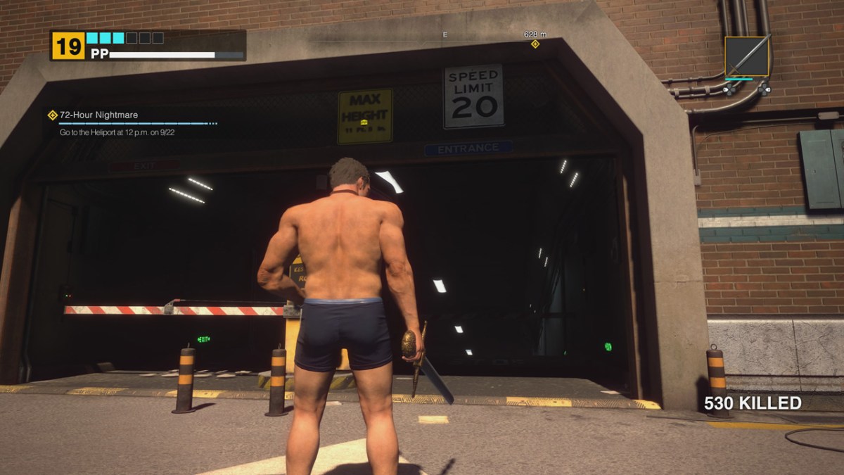 Dead Rising Deluxe Remaster, Frank West standing in just his pants, looking at the Maintenance Tunnels entrance. 