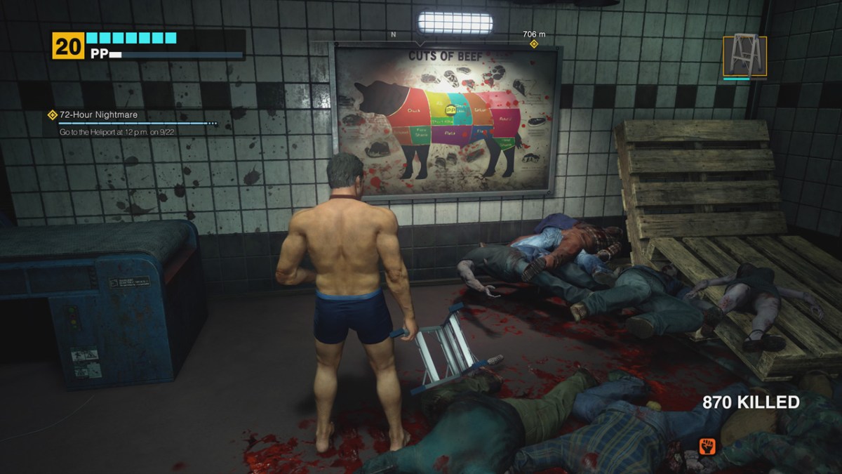 Dead Rising Deluxe Remaster, Frank in the Meat Processing Room, looking at a diagram of a cow's cuts. 