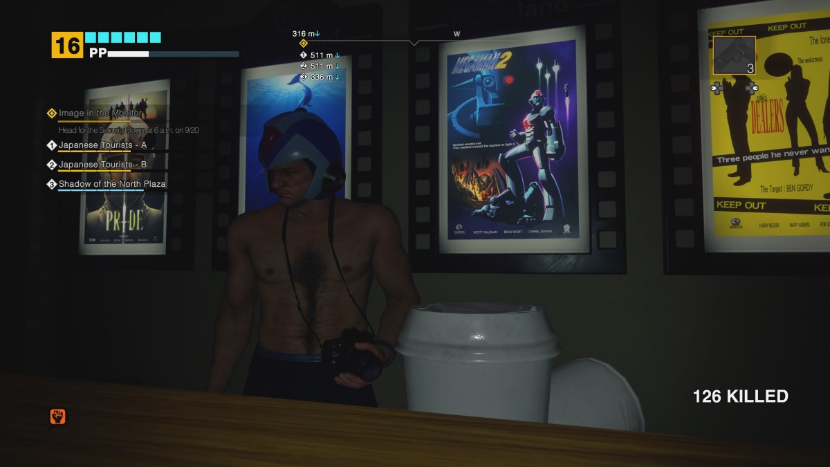 Dead Rising Deluxe Remaster, a bare-chested Frank West standing in front of four movie posters. 