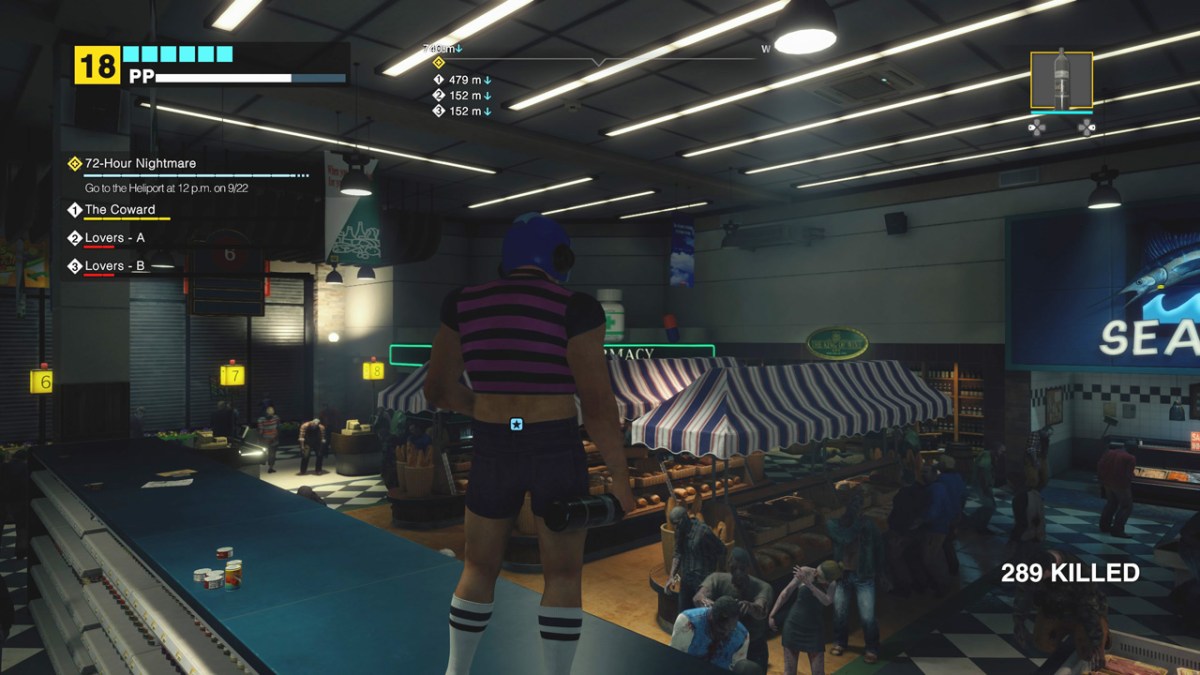 Dead Rising Deluxe Remaster, Frank West standing on a supermarket shelf with zombies below. 