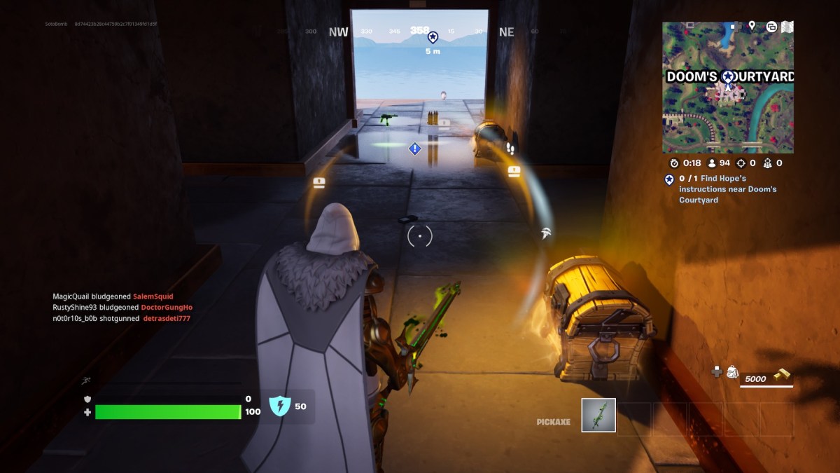 Hope's instructions near Doom's Courtyard in Fortnite.