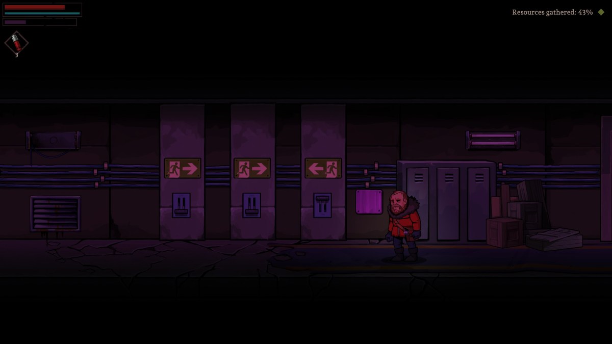 The main character stands in a decrepit hallway with three switches on the wall in Edge of Sanity, the room is bathed in a violet light