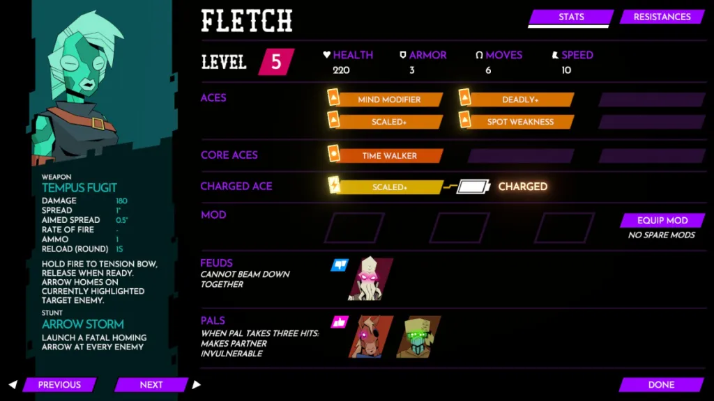 Fletch's stat menu in Wild Bastards, featuring his skills, mods, feuds, and pals. 