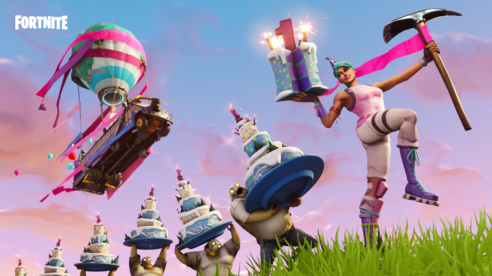 Fortnite characters doing a birthday celebration.