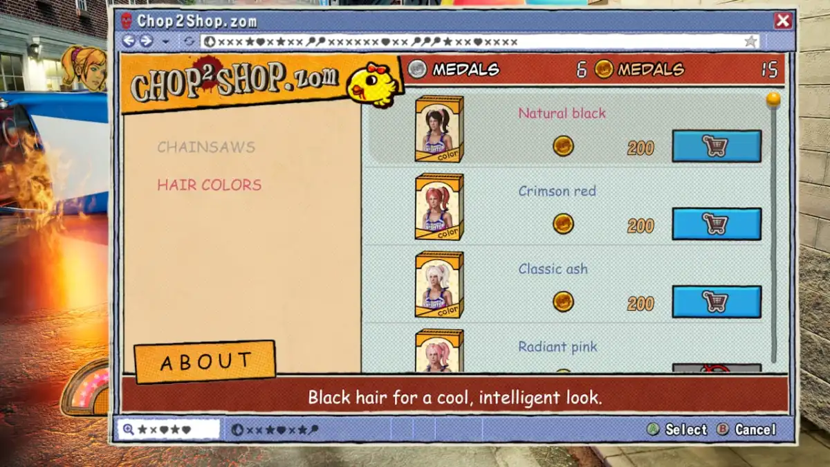 Image of the Chop2Shop.zom webpage in Lollipop Chainsaw RePop, featuring an assortment of hair colors Juliet can buy 