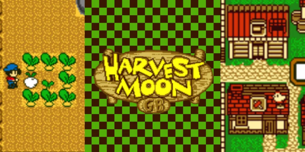 The Harvest Moon GBC title screen with a picturesque farm and small town