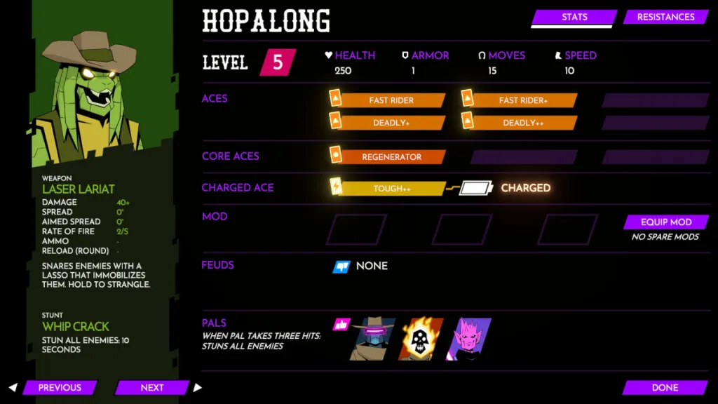 Hopalong's stat menu in Wild Bastards, featuring his skills, mods, feuds, and pals. 