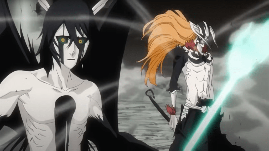 Hollow Bleach standing behind Ulquiorra as part of an article about the best anime fights.