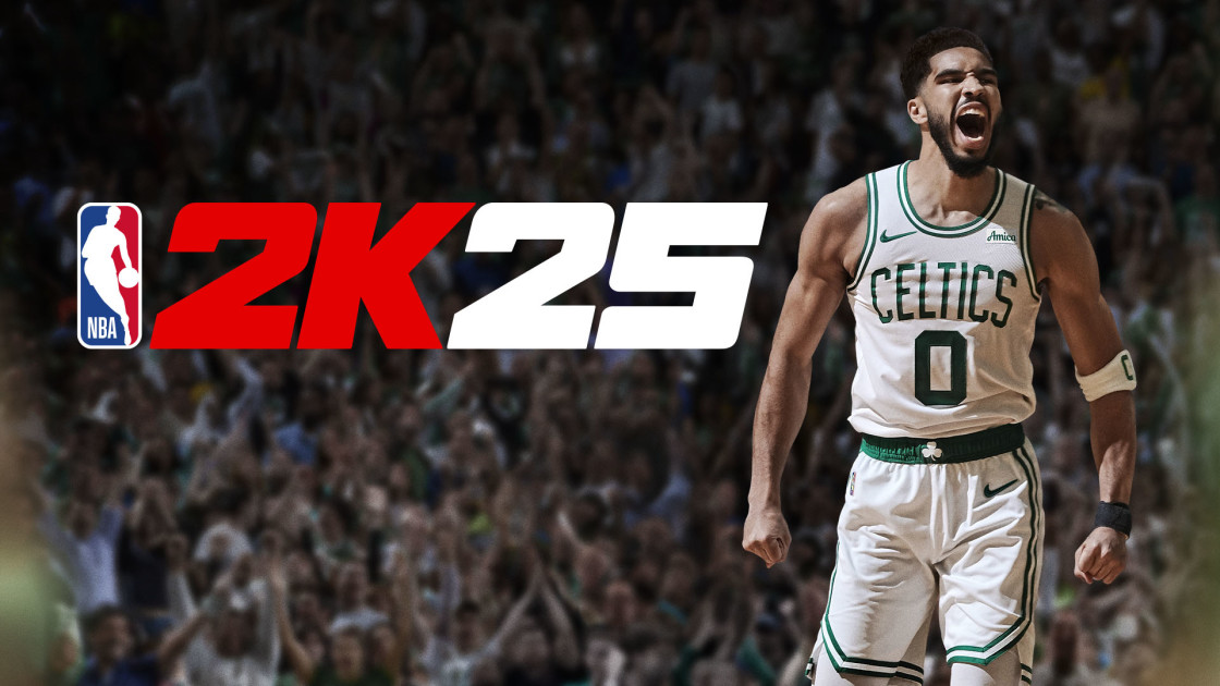 A Celtics basketball player screams while on the court with the logo 2k25 beside him in NBA 2K25