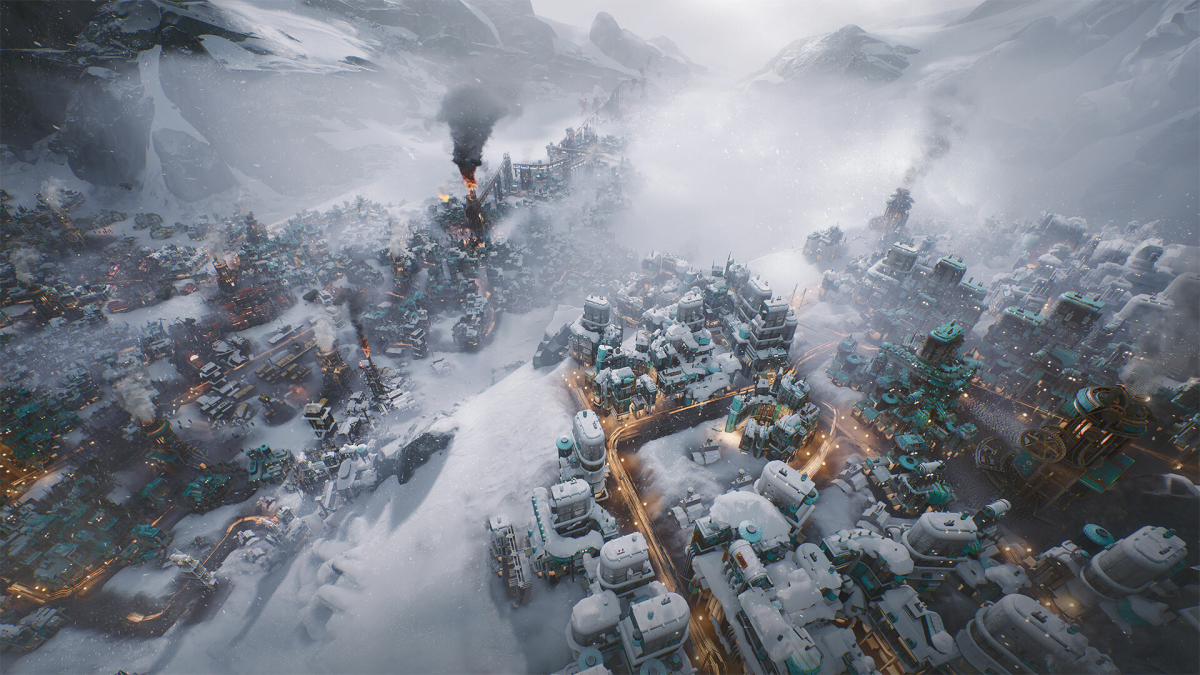 Image of a city covered in snow, seen from above and tucked in the dips of a mountain range. Billows of black smoke rise from a few towers.