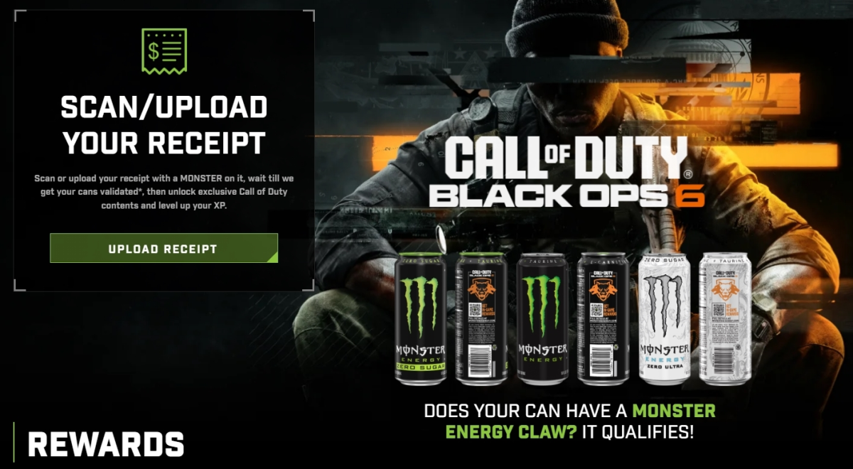 Image of the Call of Duty Black Ops 6 site, featuring the advertisement for the Monster promo and the button that will allow you to upload your receipt 