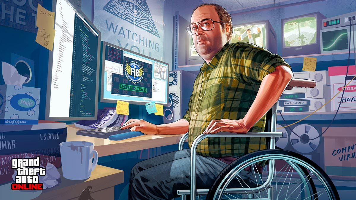 Image of Lester sitting at his computer in a wheelchair with his monitor displaying the FBI seal and a few illuminati posters on the wall.