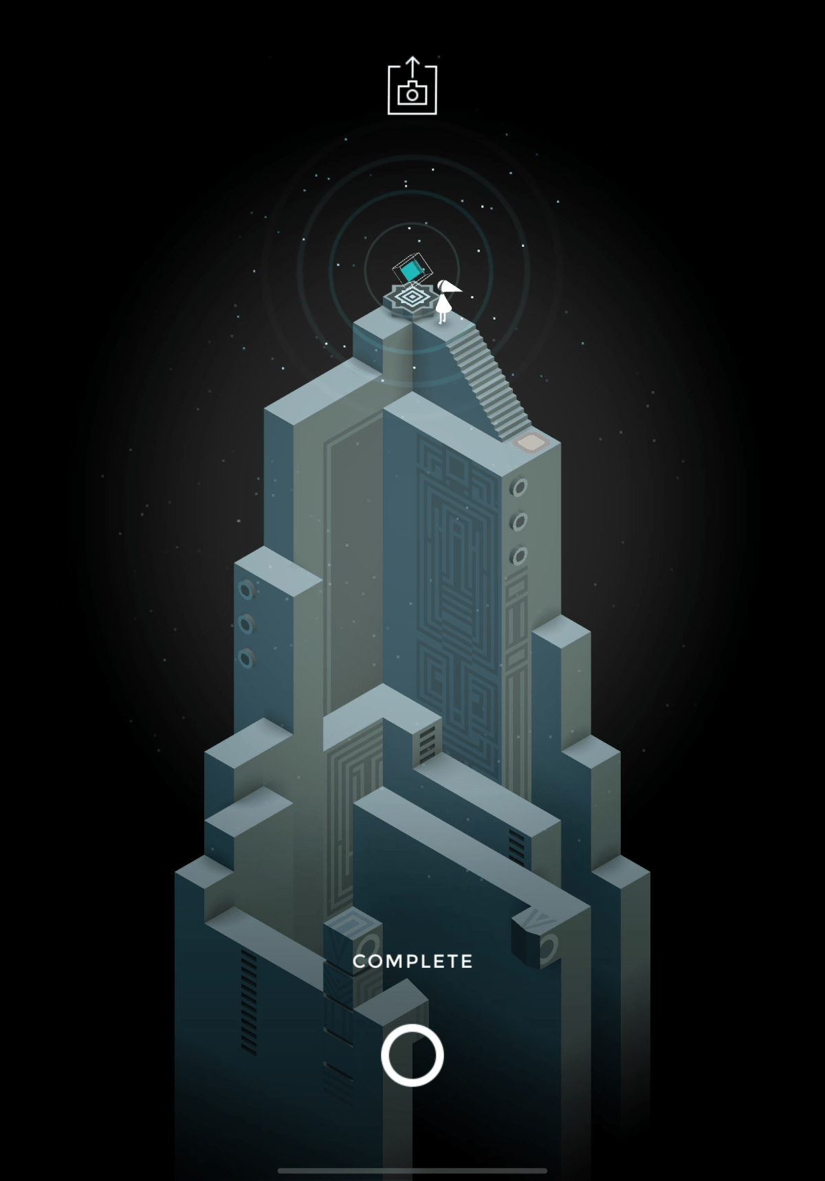 An image from Monument Valley showing the protagonist standing in a puzzle from Chapter 3.