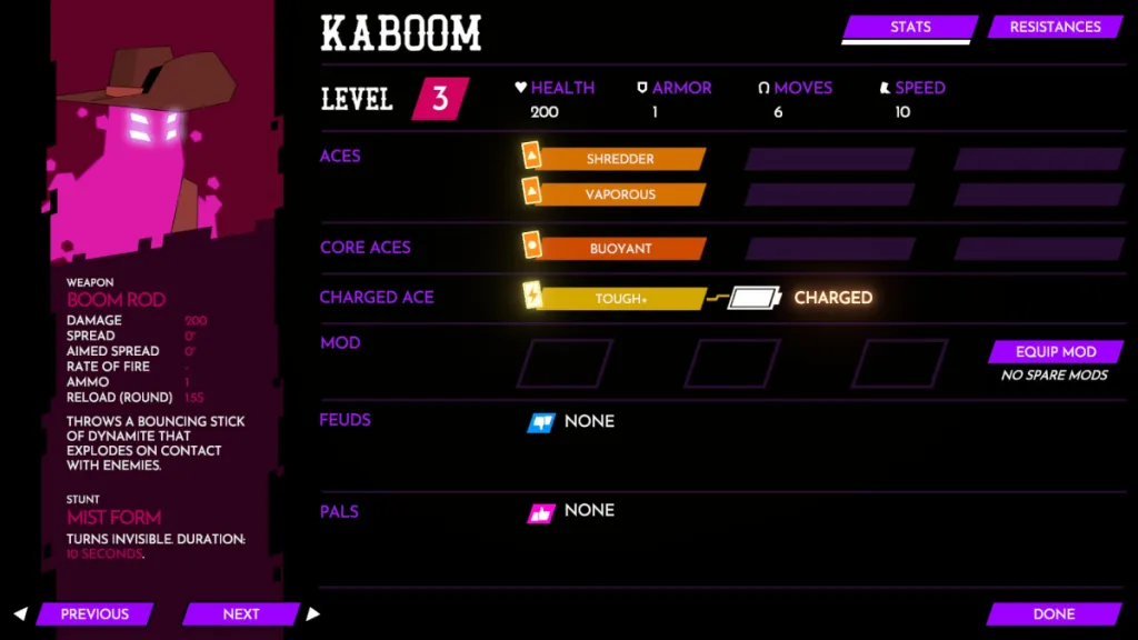 Kaboom's stat menu in Wild Bastards, featuring his skills, mods, feuds, and pals. 