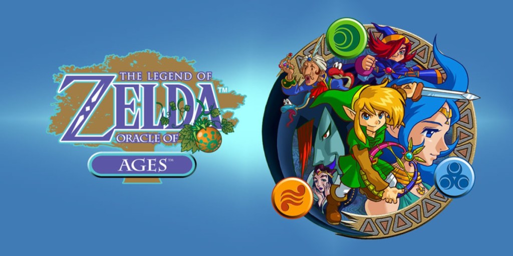 Key art for The Legend of Zelda: Oracle of Ages,, featuring a circle with several characters, including Link, within