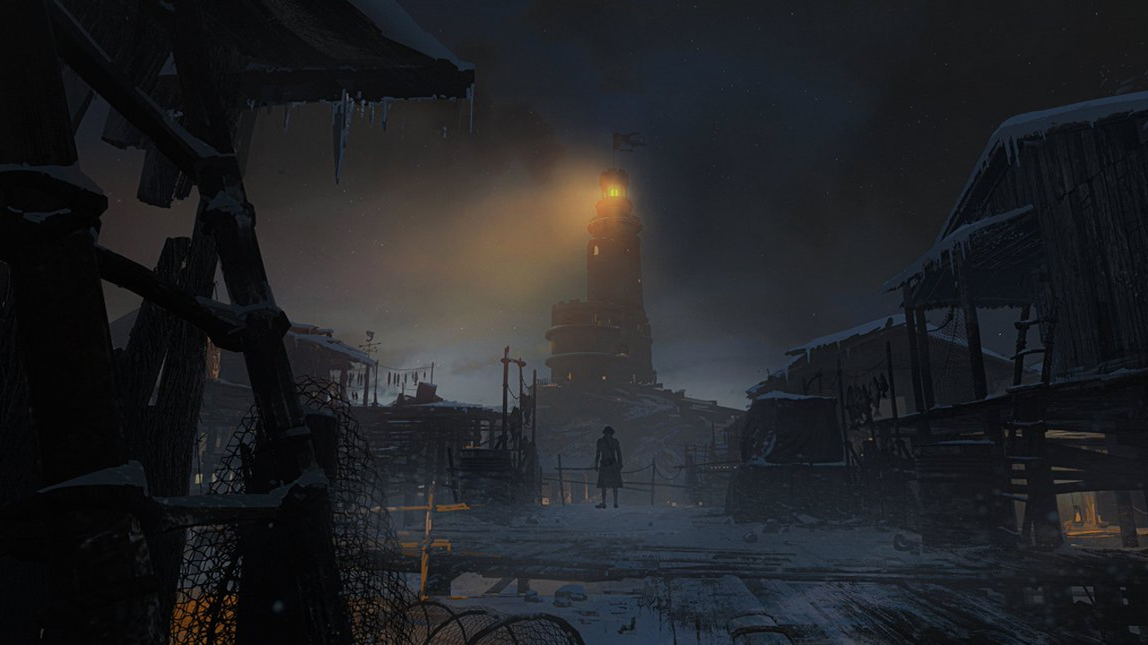 Lies of P, a teaser for its DLC, an image of a coastal town with a lighthouse in the background.