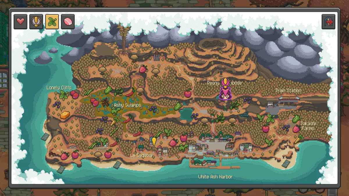 Broad overview of Chef RPG featuring the map, along with a variety of fruits and vegetables and where tehy can be found 