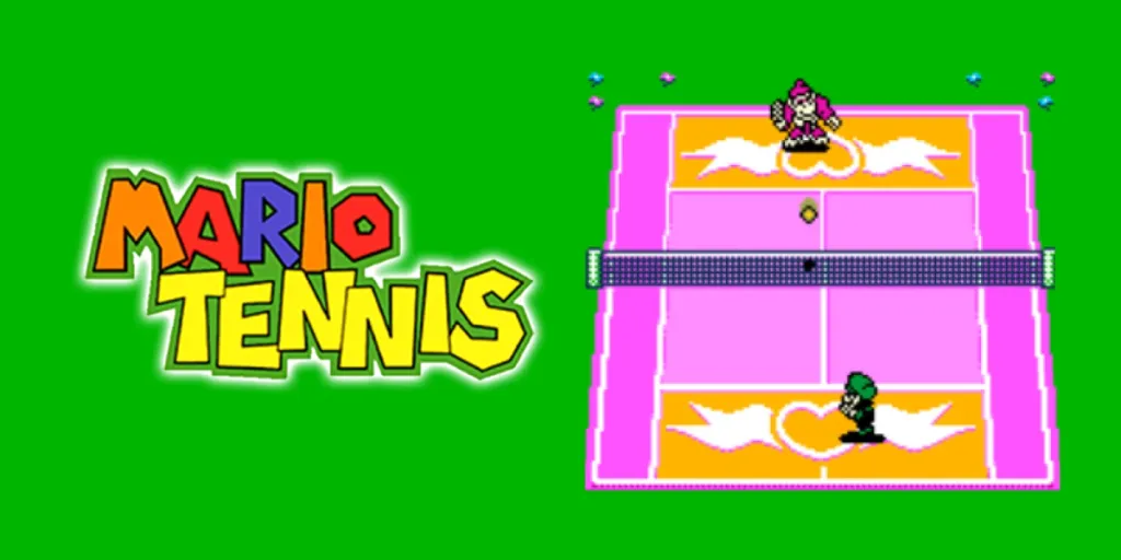 Mario and Donkey Kong play tennis by the Mario Tennis title card