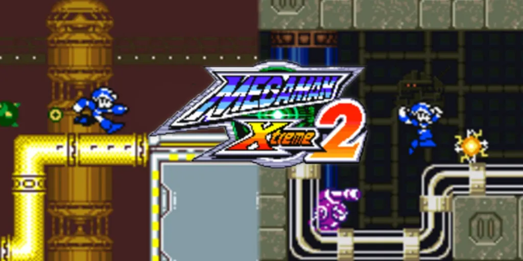 X runs behind the title card to Mega Man Xtreme 2