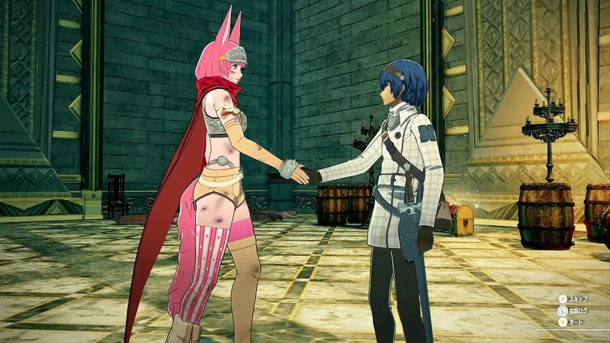 The main character shakes hands with a tall woman with pink hair, a tail and ears