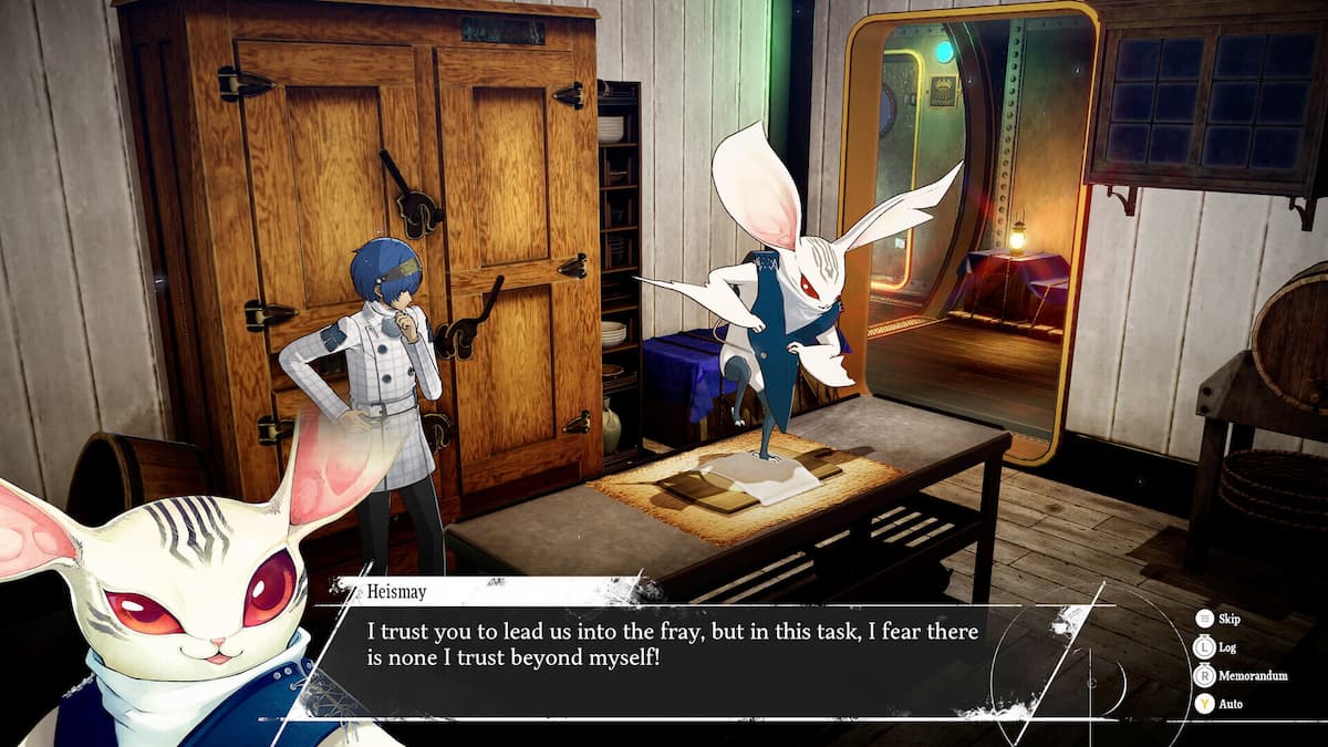 Image of a large-earred, bat-like creature standing on the table with its character portrait on the bottom of the screen as it talks to the protagonist