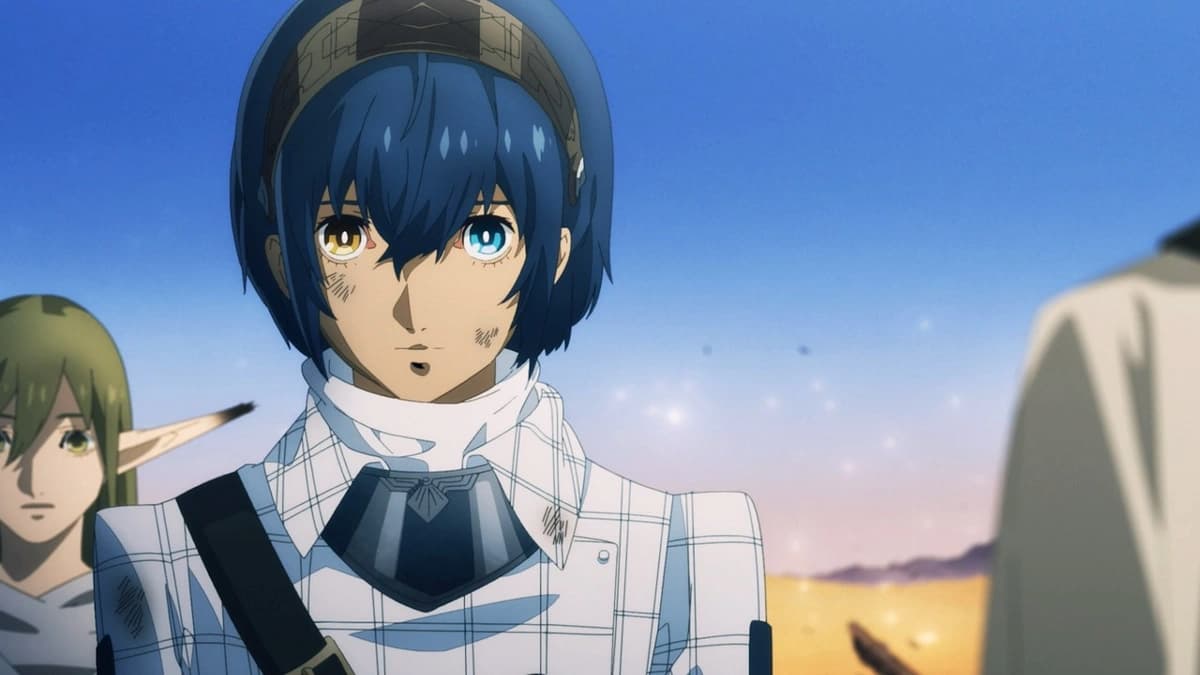 The main character stares int othe screen with a blue sky and desert backdrop behind them