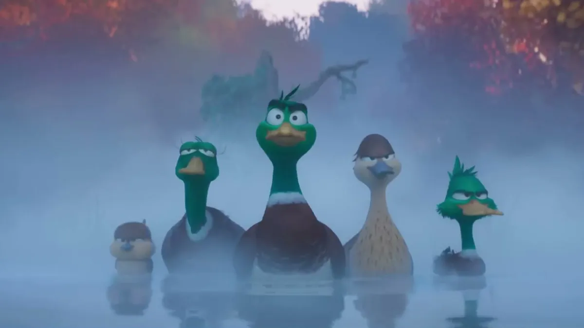 Five animated ducks in Migration, on a lake, looking determined. 