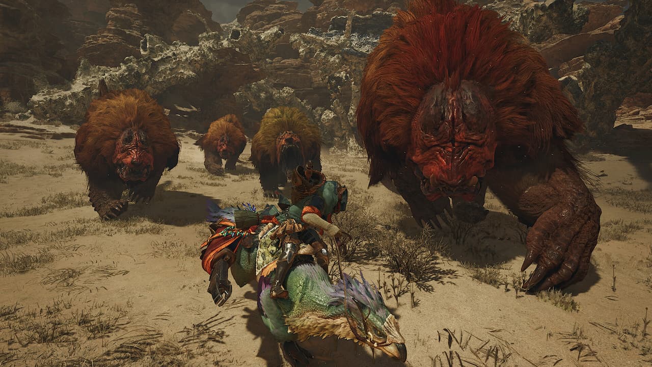 Monster Hunter Wilds, a character being pursued by several shaggy creatures.