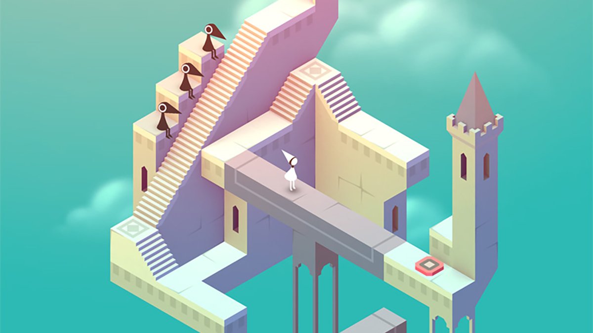 A header for the game Monument Valley showing the protagonist standing on a bridge as part of a full walkthrough of the title.