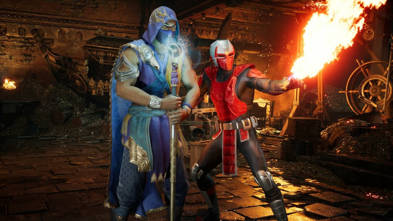 Mortal Kombat 1, Sektor standing by Cyrax, firing flame from her wrist.