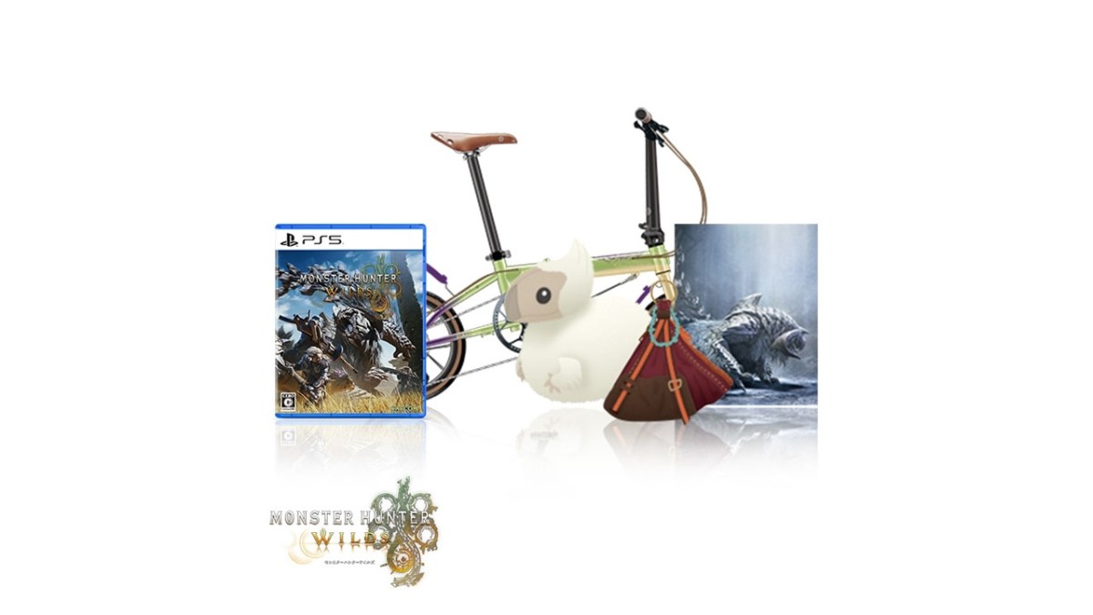 The Monster Hunter Wilds Ultra Collector's Edition, with a picture of the game, a fluffy toy, a weapons bag and a folding bike. 