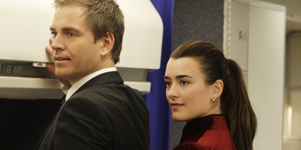 Tony and Ziva stand next to each other in a plane