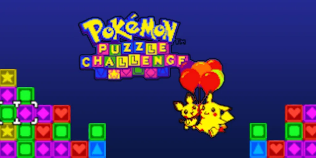 The title card of Pokemon Puzzle Challenge, with Pikachu and Pichu riding a red balloon