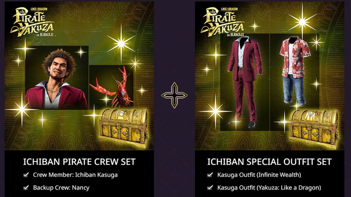 The pre-order bonuses for Like a Dragon: Pirate Yakuza in Hawaii,, featuring the pirate crew set and the Ichiban special outfit set