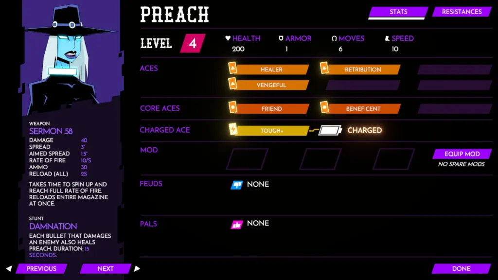 Preach's stat menu in Wild Bastards, featuring his skills, mods, feuds, and pals. 