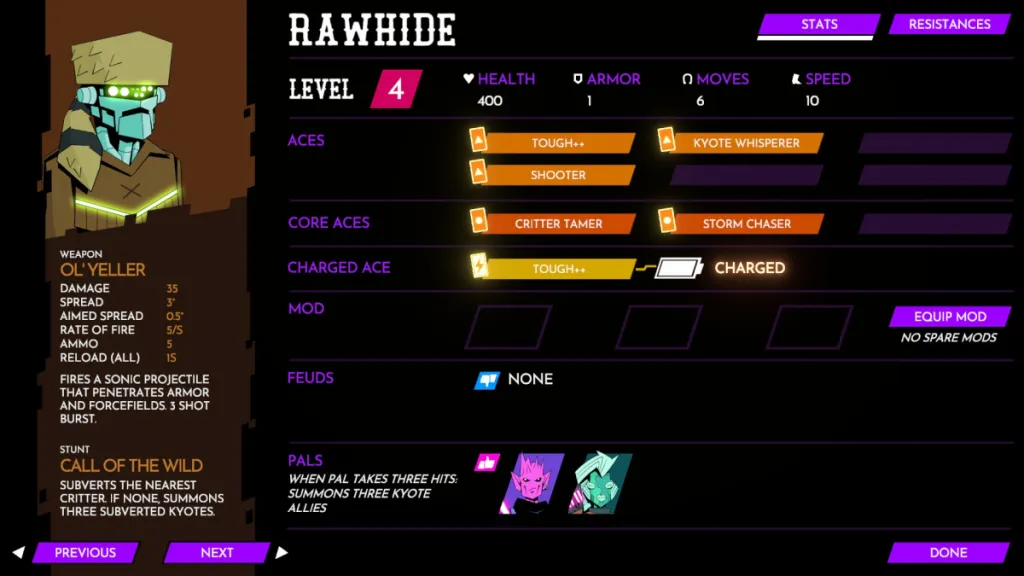 Rawhide's stat menu in Wild Bastards, featuring his skills, mods, feuds, and pals. 