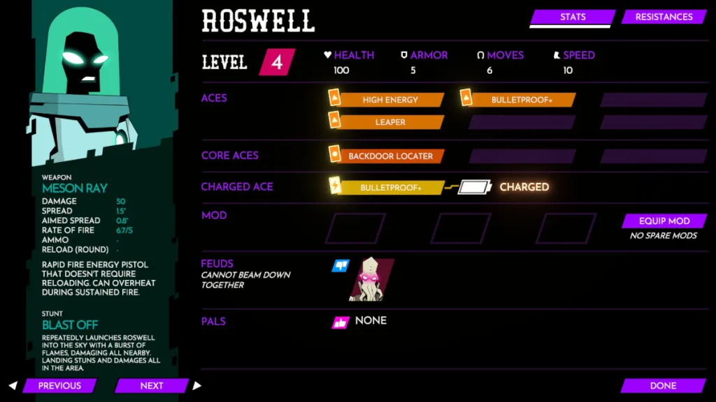 Roswell's stat menu, featuring his skills, mods, feuds, and pals. 