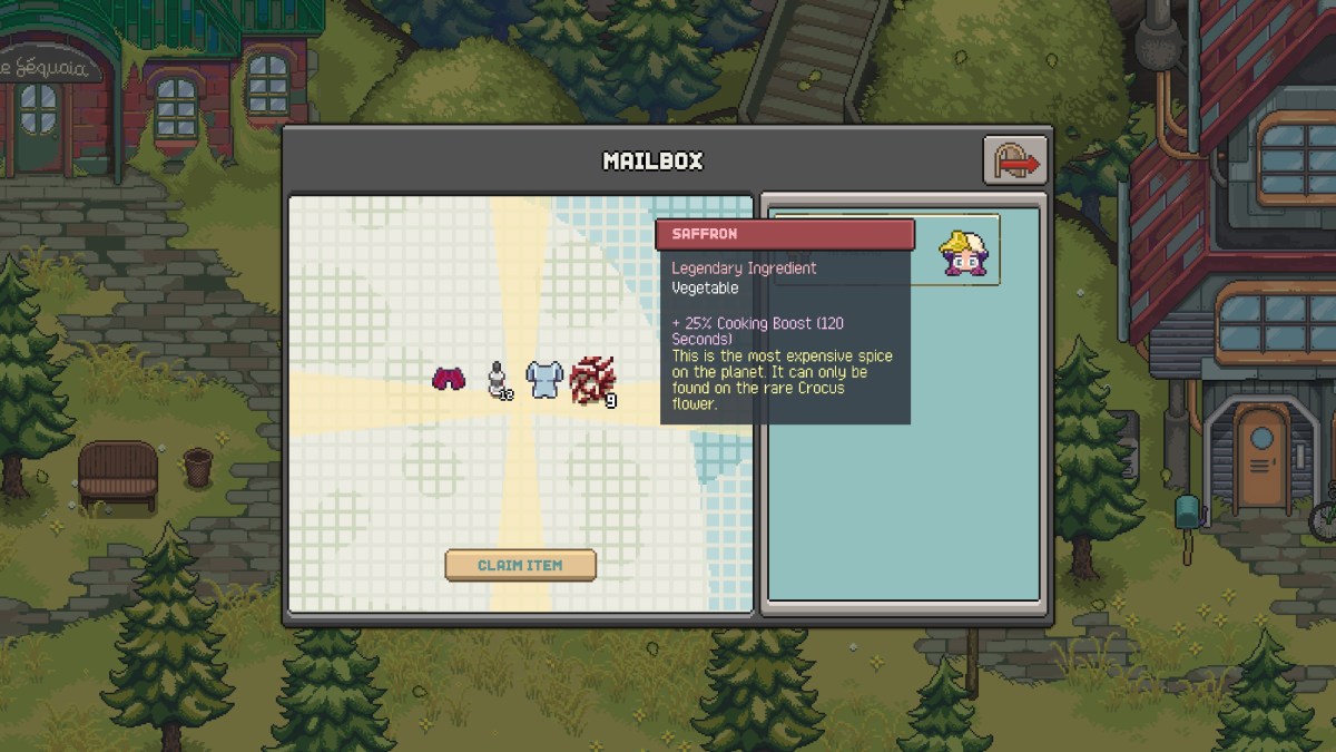 The mailbox in Chef RPG, featuring a menu screen which shows an assortment of gifts, including saffron 