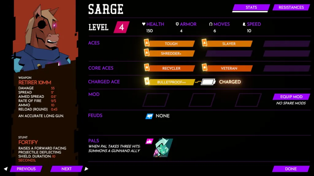 Sarge's stat menu, featuring his skills, mods, feuds, and pals. 