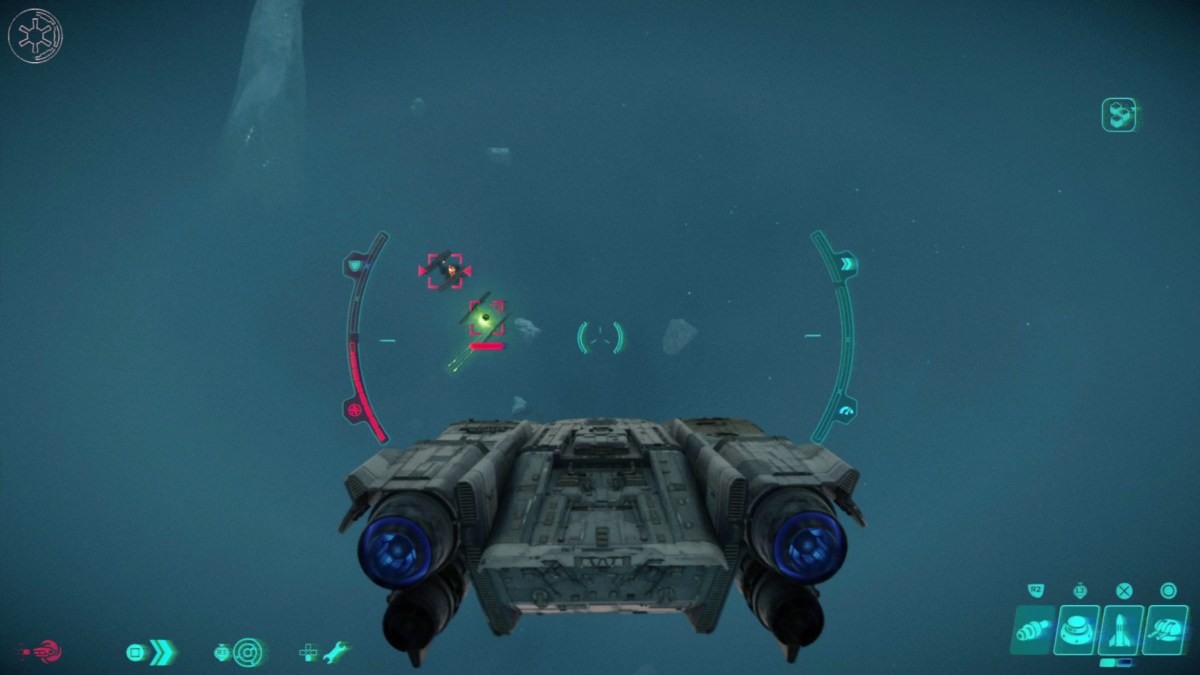 Image of a ship in space in Star Wars Outlaw with its crosshairs focused on an enemy ship