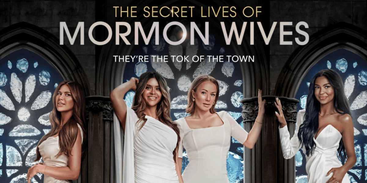 Trailer image for The Secret Lives of Mormon Wives featuring four of the main stars with a stained-glass background 