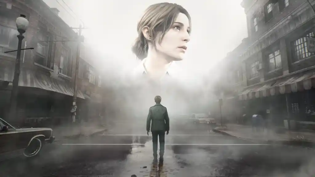 James Sunderland walks down a deserted, foggy street with Mary's face hovering in the horizon