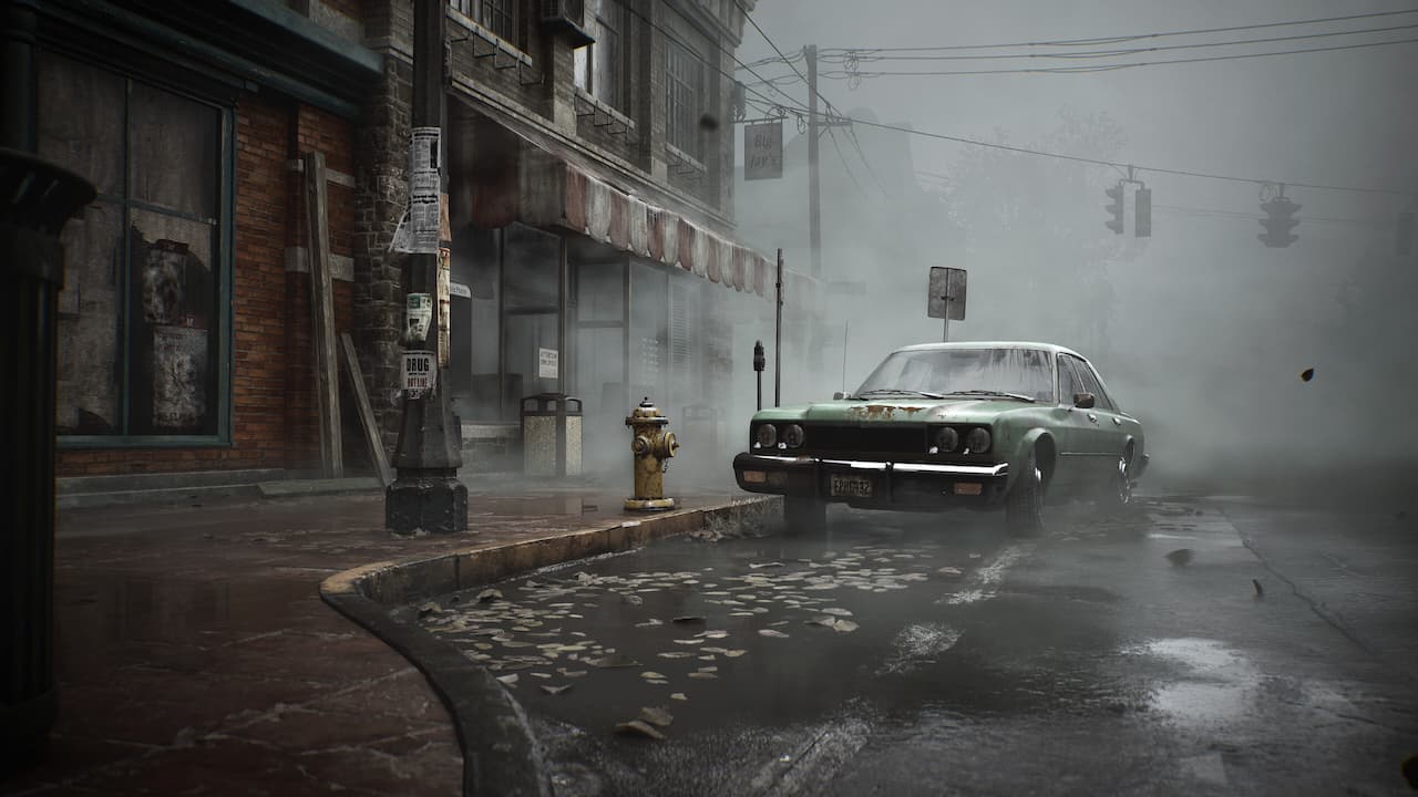 Silent Hill 2, a car in a street in Silent Hill, with no-one around.