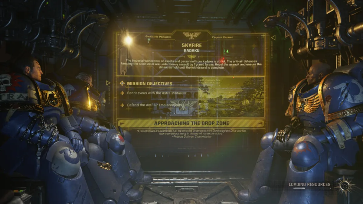 Image of three brothers in Warhammer 40,000: Space Marine 2 sitting in a ship with the Skyfire mission screen projected between them 