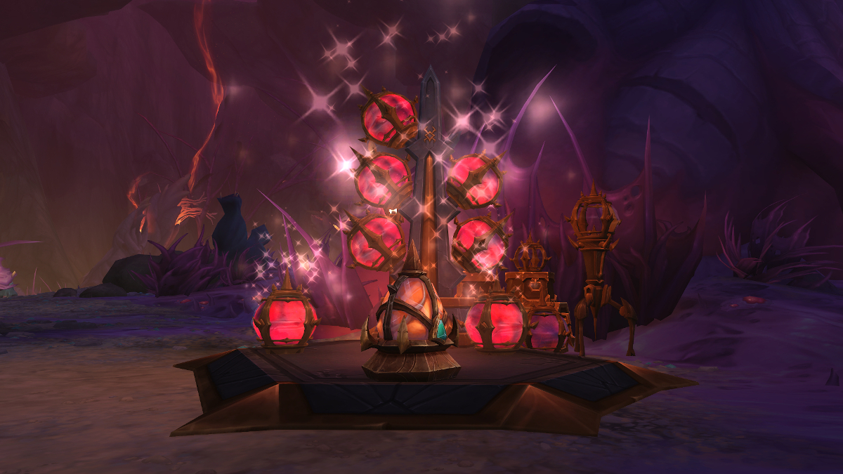 Image of a variety of pink and purple bottles on a table in world of warcraft 