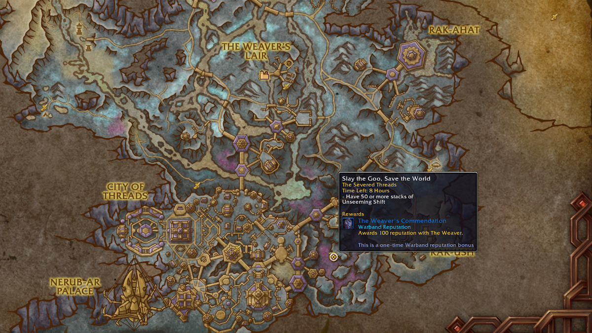 Image of the World of Warcraft map with the cursor hovering over the quest Slay the Good, Save the World