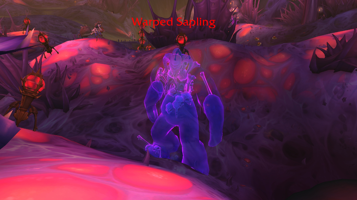 Image of a purple but transparent Warped Sapling in World of Warcraft, standing on a veiny branch 