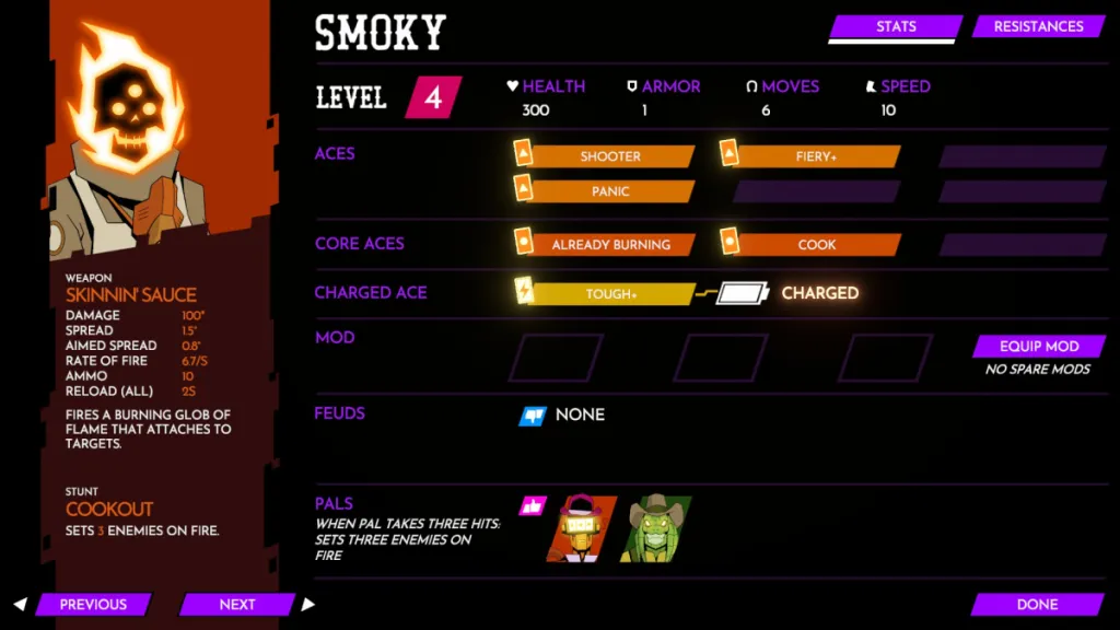 Smoky's stat menu, featuring his skills, mods, feuds, and pals. 